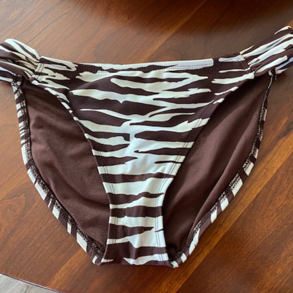 New MOSSIMO Bikini SWIM BOTTOM * BROWN & Off-WHITE ZEBRA PRINT Ruched Sides * S